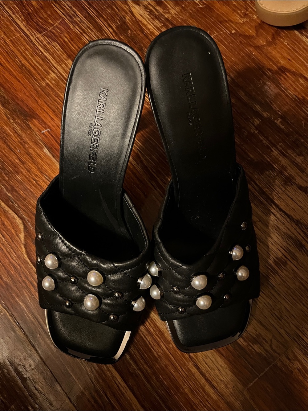 Karl Lagerfeld Black Pearl-Accent Slide Mules